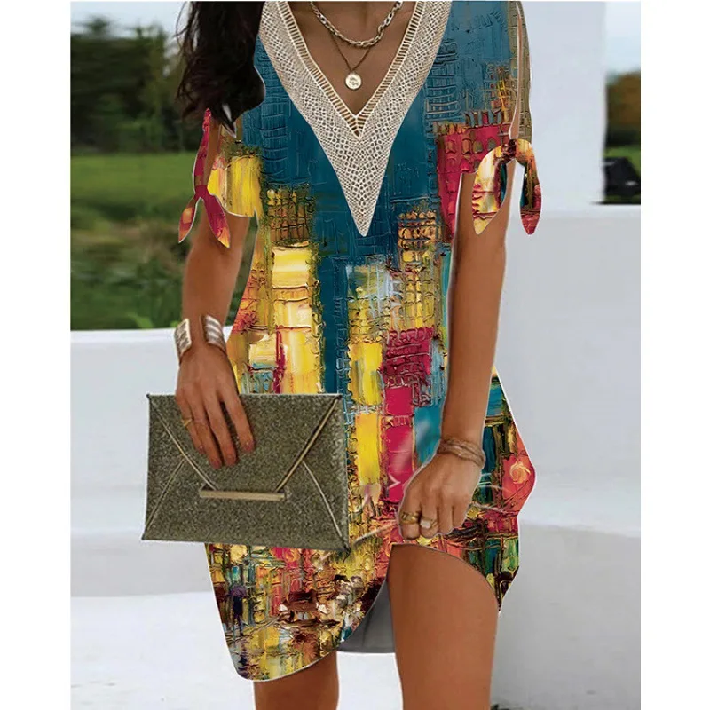 Women's Vintage Dress 2024 Summer Casual Fashion V-neck Printing Craft Cuff Split Bow Neckline Lace Style Women's Dress