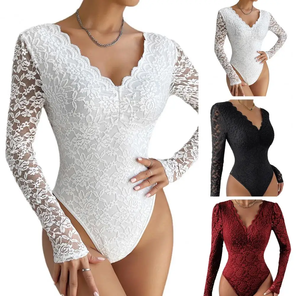 

Lace Bodysuit Elegant Lace Embroidered Women's Bodysuit with V Neck Long Sleeves Slim Fit Spring Playsuit for A Soft Breathable