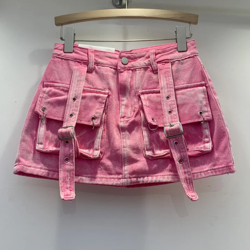 Female Denim Culottes 2024 New Summer Age Reduction Pink Cargo Skirts Large Pocket Bandage High Waist A-line Women Mini Skirts