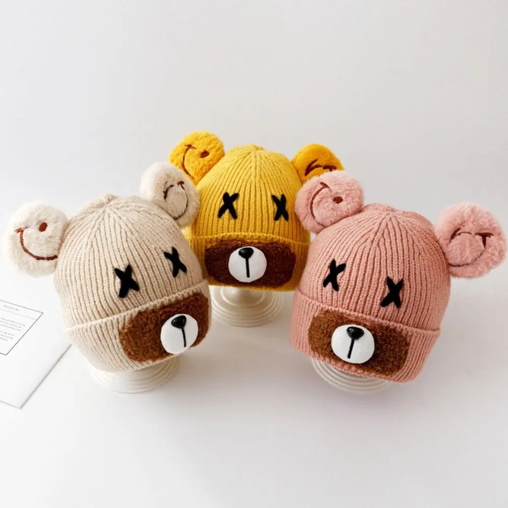 

Cartoon Bear Ear Protection Knitted Hat Wool Thermal Hat Baby Beanie Cap Solid Color Skullies Kids Crochet Hats Newborn