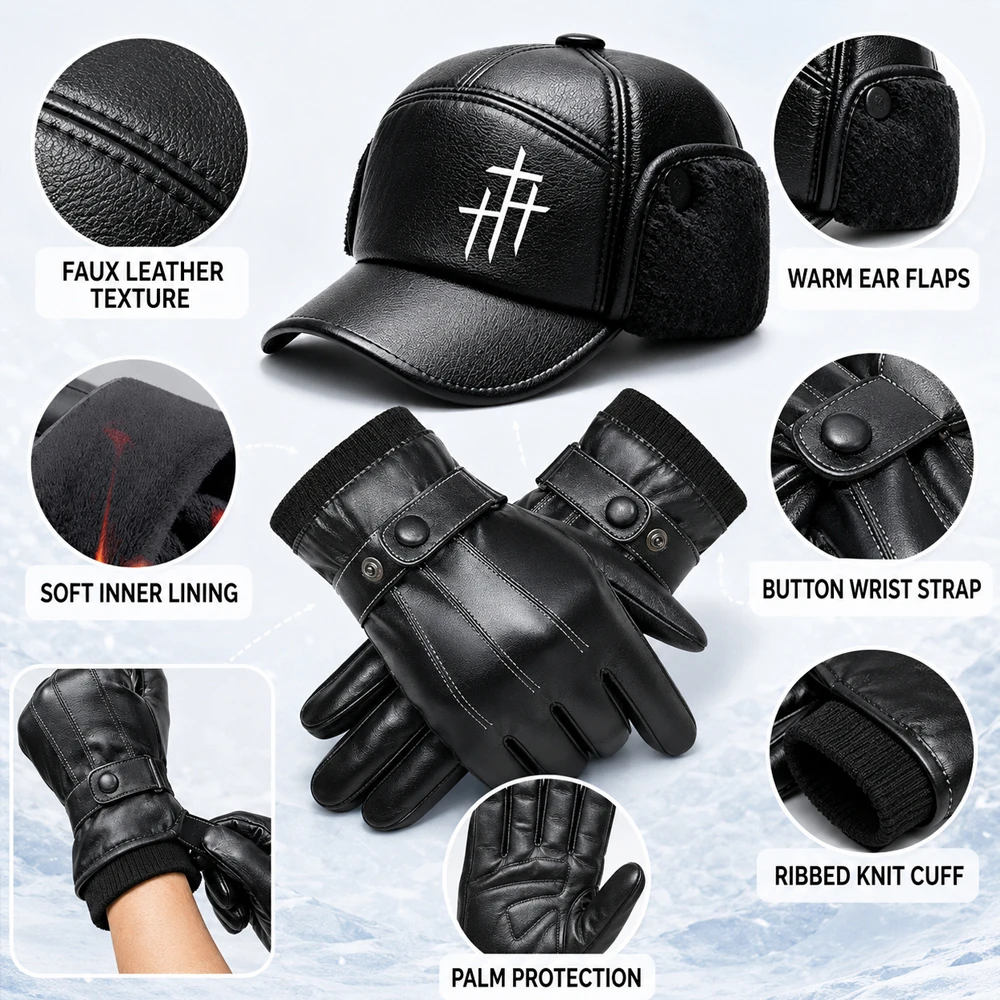 冬用イヤーフラップハットとレザーグローブセット、フェイクレザ - Trapper Hat Ear Flap のレビューと価格