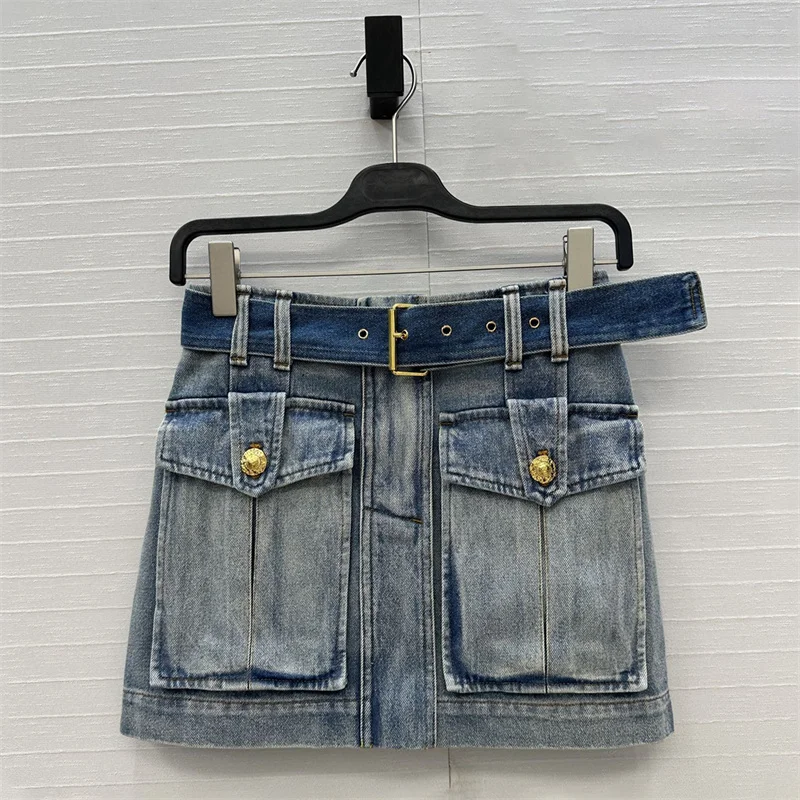 

Women's skirt New retro pure cotton denim skirt for autumn 2025 Belt slimming mini skirt Large pocket decorative short skirt y2k