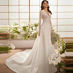Simple Appliques Wedding Dresses A Line Sexy V Neck Women's Bridal Gowns Long Sleeve Bohemia Formal Satin Vestidos Customized