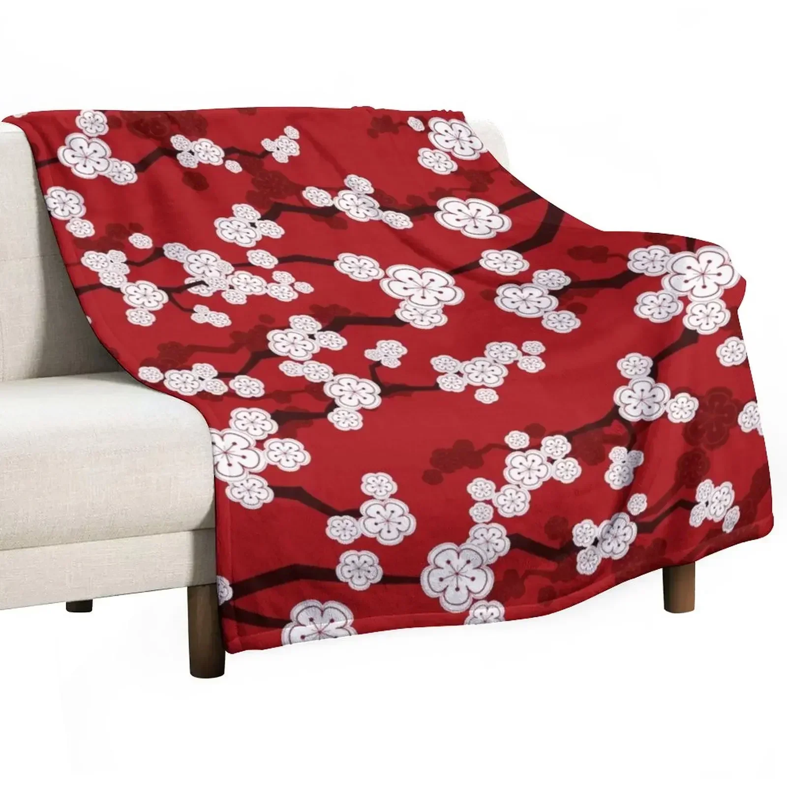 White Oriental Cherry Blossoms On Red | Zen Japanese Sakura Flowers ? fatfatin Throw Blanket