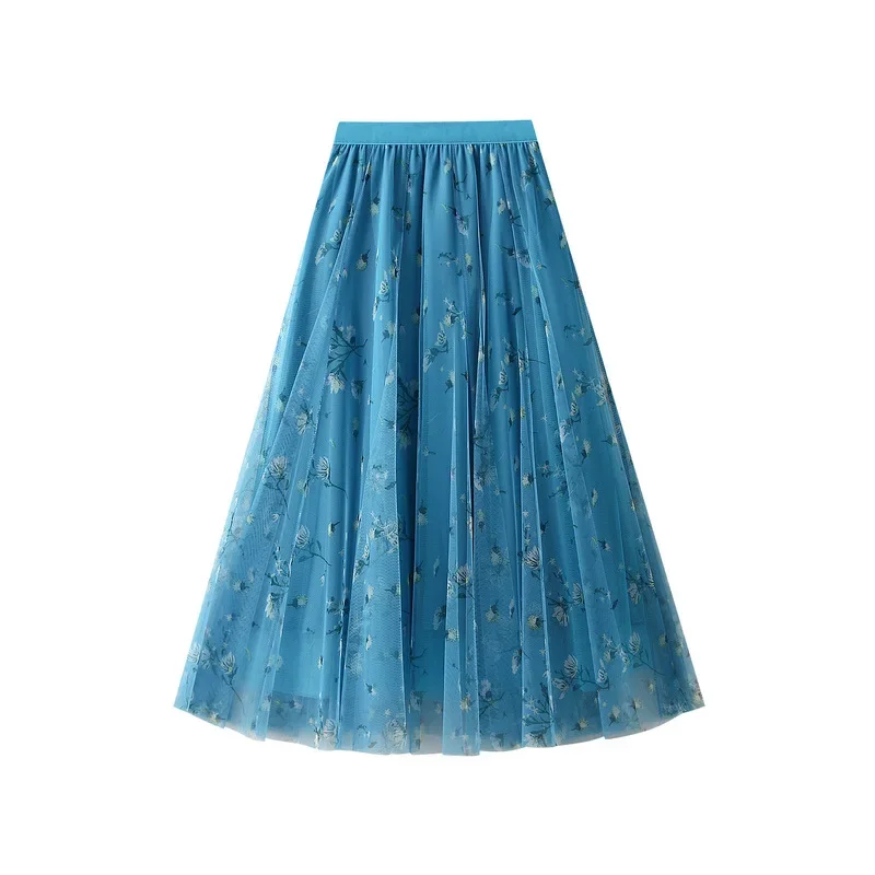 

Small Fresh Mesh Floral Women Tulle Long Skirt Spring Summer Floral Print Vintage A Line High Waist Mid-length Mesh Skirt Female