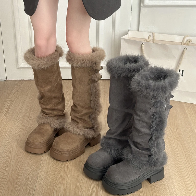 Women'S Shoes - Szare futrzane buty z polaru, okrągły
