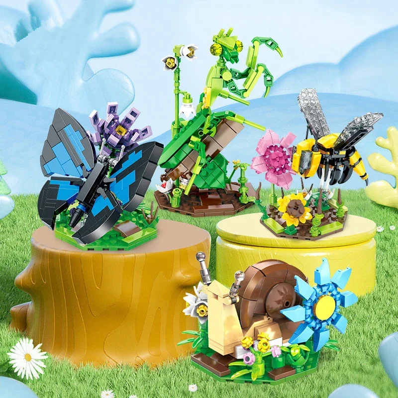

DIY Mini Butterfly Insect Potted Plant Bonsai Flower Block Rose Decoration Building Block Figure Plastic Toy Gift Kids Girls