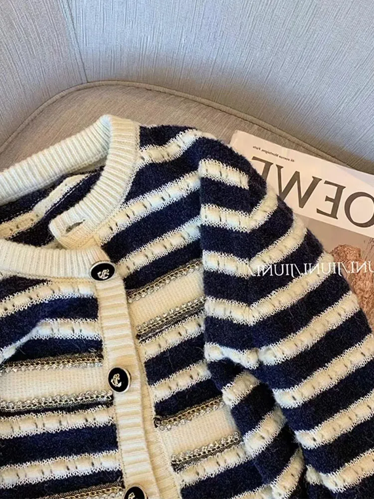 French Elegance Women Basic Striped Cardigan New Design Fashion Pullover 2000s Aesthetic Knitted Sweater Classical Streetwear