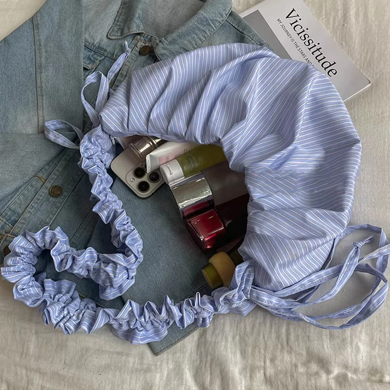 Gestreifte Plissee-Umhängetasche mit Kordelzug, koreanische weiche lässige Dumpling-Cloud-Tasche, Damen-Handtasche mit großer Kapazität und geringem Gewicht – Detail 6