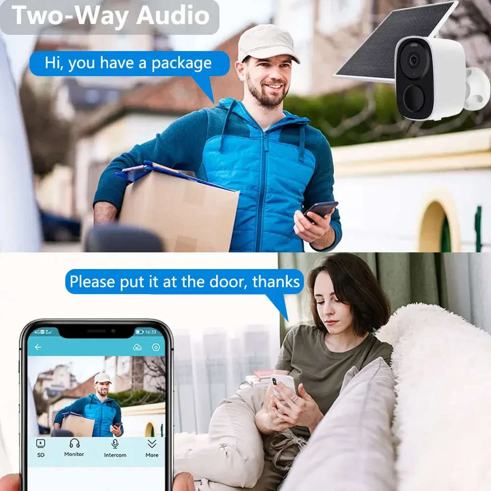 Caméra de surveillance solaire avec batterie intégrée, détection PIR, audio WIFI, faible 62, sécurité à domicile, stockage en nuage, longue durée de veille, 5MP