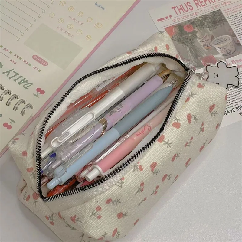 Chic Floral Pencil Case Student Girl Aesthetic Flower Pencil Bag Large Capacity Stationery Storage Bag School Supplies