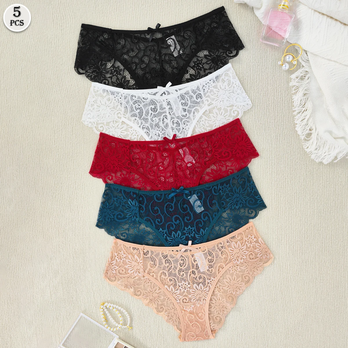 5pcs Embroidery Lace Women Panties Hollow Out Mid Waist Plus Size Female Briefs Perspective Comfortable Underwear Sexy Lingerie