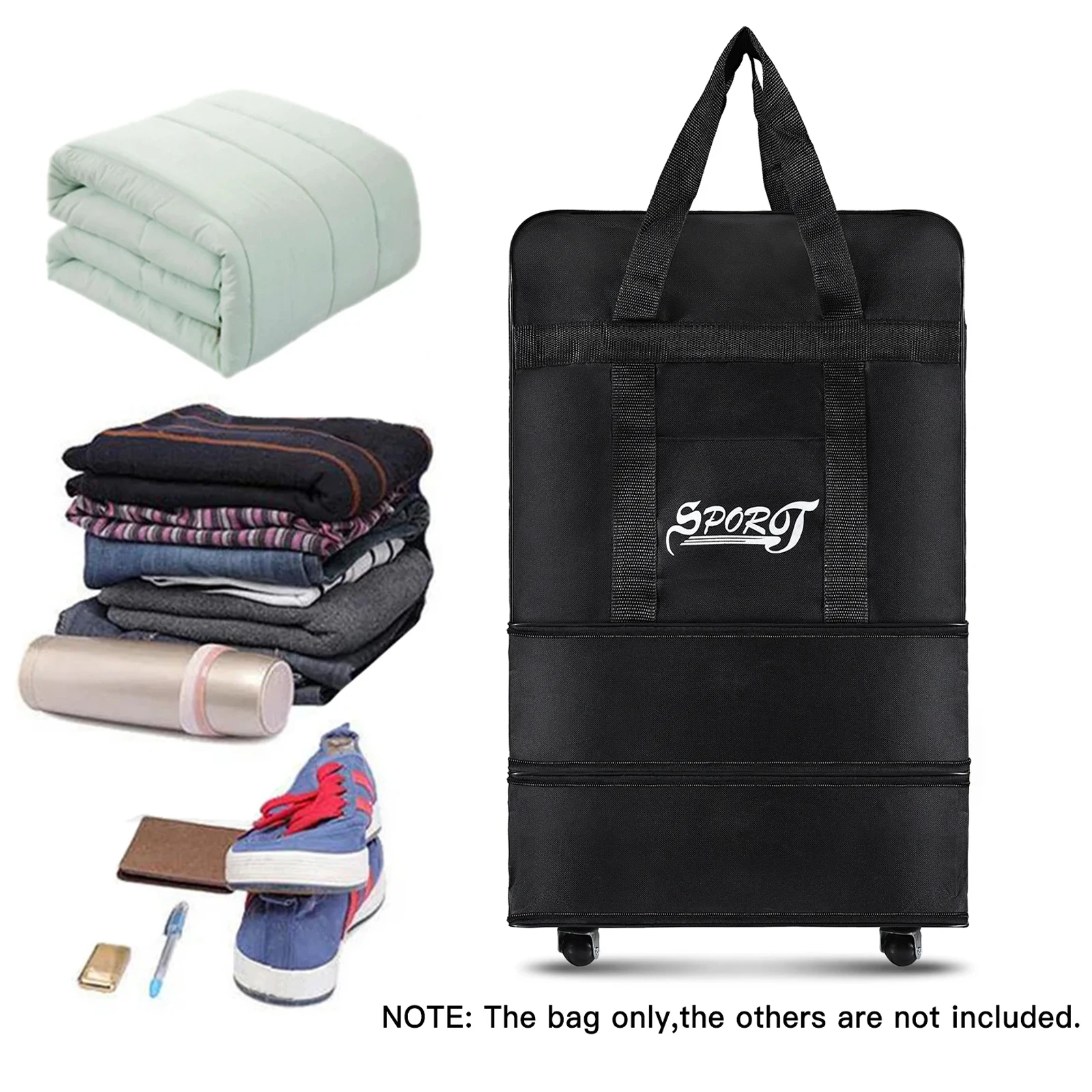 عجلات حزمة السفر للنساء والرجال قابلة للتوسيع عربة أمتعة قابلة للطي متعددة الاستخدامات حقيبة سوداء لرحلة عطلة نهاية الأسبوع طوال الليل #1