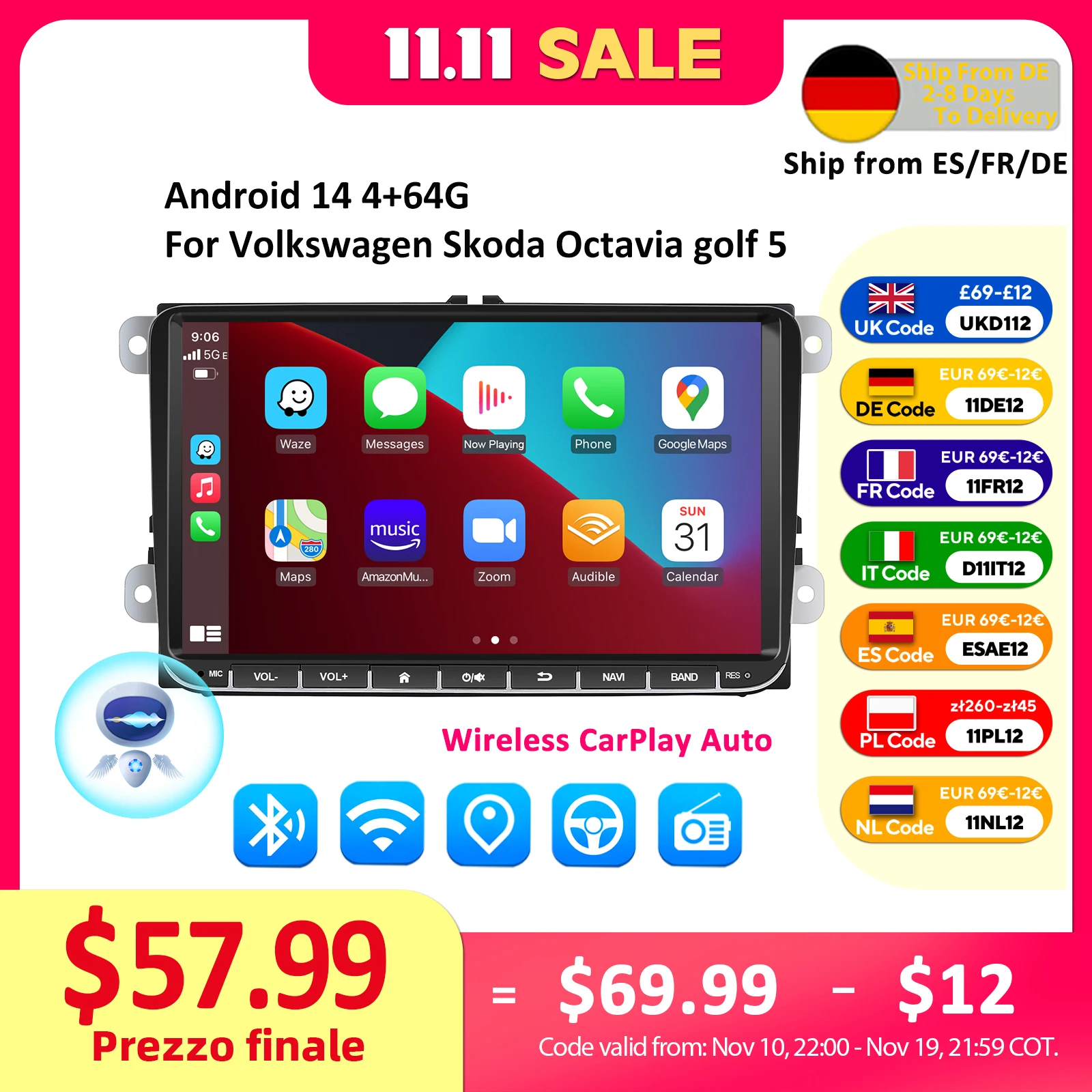 ESSGOO Android 14 autoradio pour Volkswagen Passat b6 b7 golf 5 6 Polo Jetta Skoda voiture lecteur multimédia GPS WiFi RDS Carplay