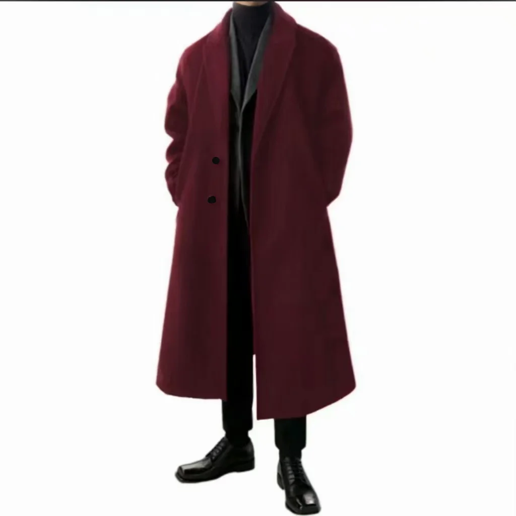 Warm Woolen Coats for Man，Belted, Adjustable, Long Coat Jacket，Single-breasted, Full Placket，Suitable for Everyday Life