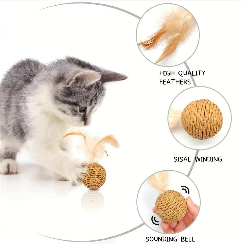 Interactive Cat Toys Rattan Sounding Bells Badminton Cat Chase Tease Cat Toys Rattle Balls Feather Wands Durable Pet Toys