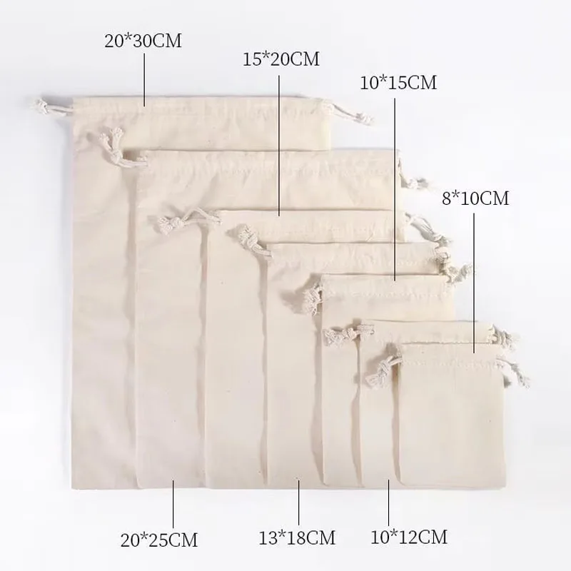 

50pcs/Lot Natural Cotton Bags Big Drawstring Gift Pouches For Party Christmas Packaging Home Storage Organizer Sacks Custom Logo