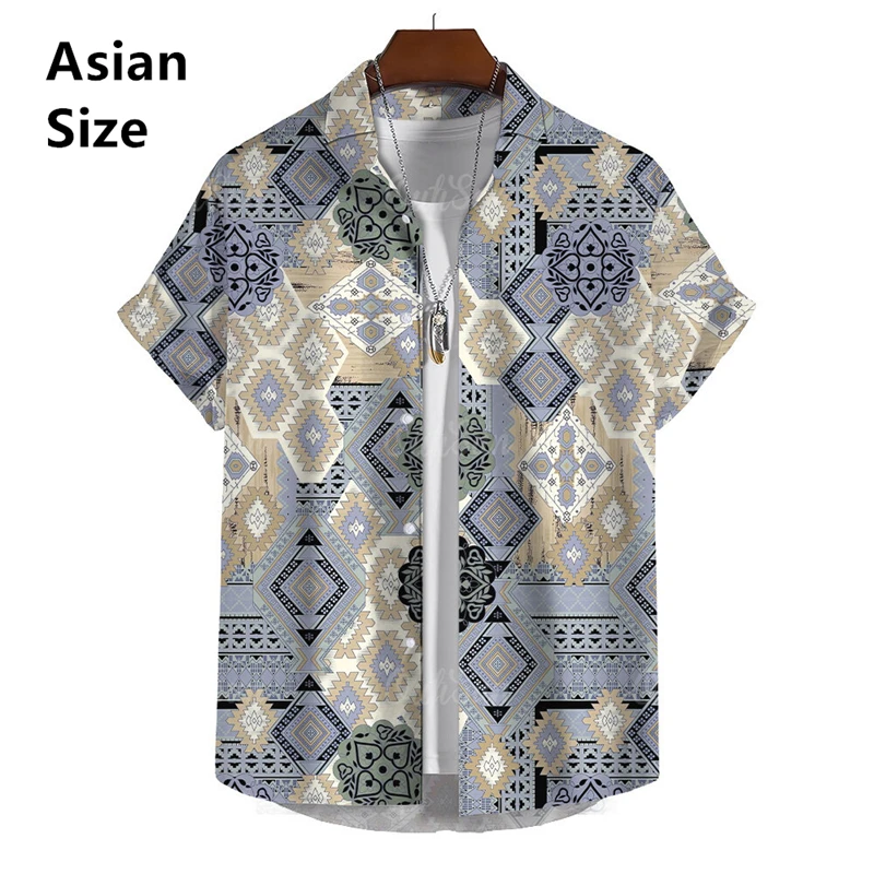 Summer Fashion Bohemian Style Patchwork Print Tops Mens Shirts Short Sleeve Casual Tops Vacation Travel Oversized Shirts XS-6XL