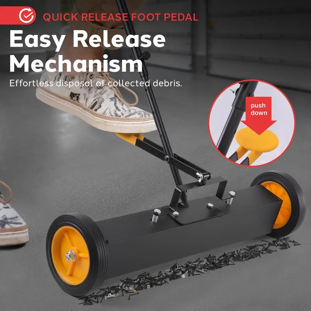 Odkurzacz magnetyczny na kółkach Pyle 24” - Wytrzymały metalowy zbieracz do użytku przemysłowego (czarno-pomarańczowy)