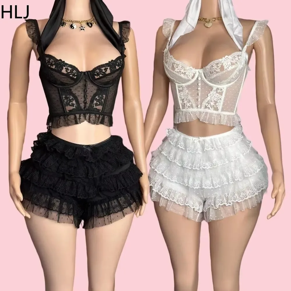 HLJ Lace Sexy Embroidery Sheer Two Piece Sets For Women Thin Strap Tank Top And Ruffle Mini Skirts Shorts Outfits Party Clubwear