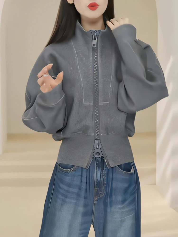 

Korean Sle Large Size Long Sve Sweatirt Jaet Women's ort Pure Color Outerwear Layered Top for Autumn 2025