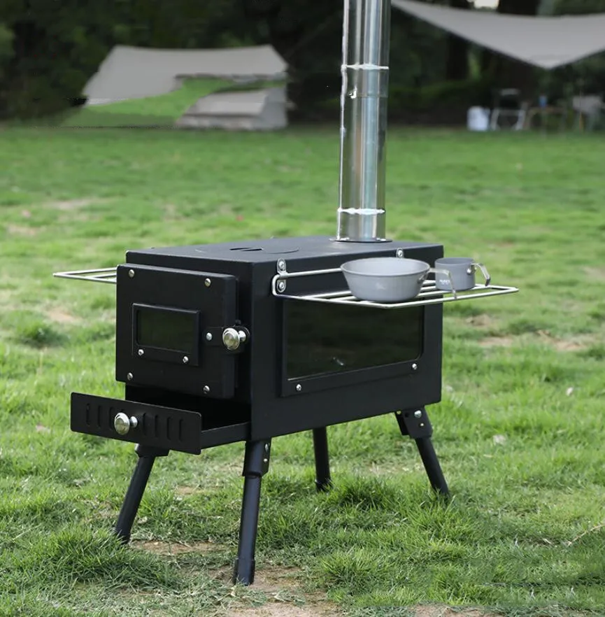 Stufa a legna portatile da campeggio all'aperto in acciaio, riscaldamento e armadio da cucina autoportante