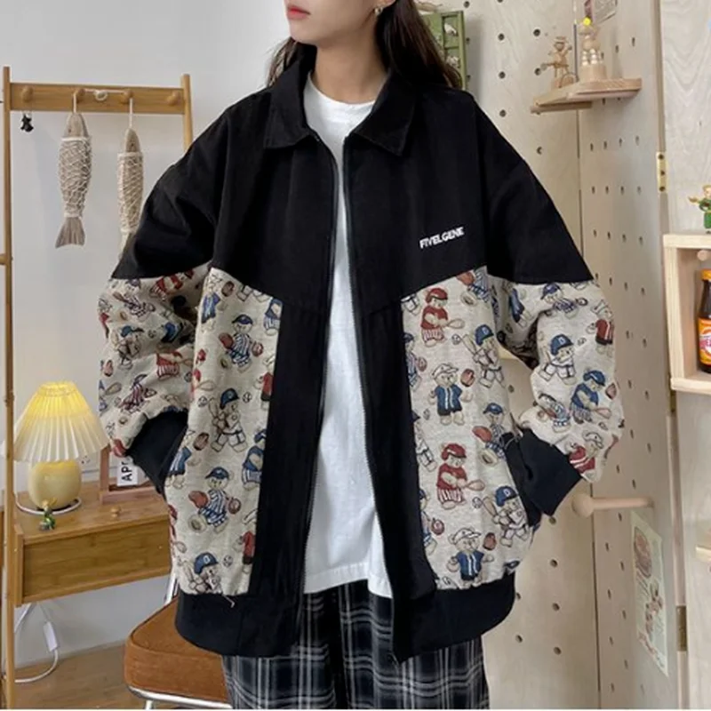 

Cute Teddy Bear Print Hoodies Zip Up Sweatshirts Women Casual All Match Streetwear with Pocket 2023 Spring Autumn Simple Coats