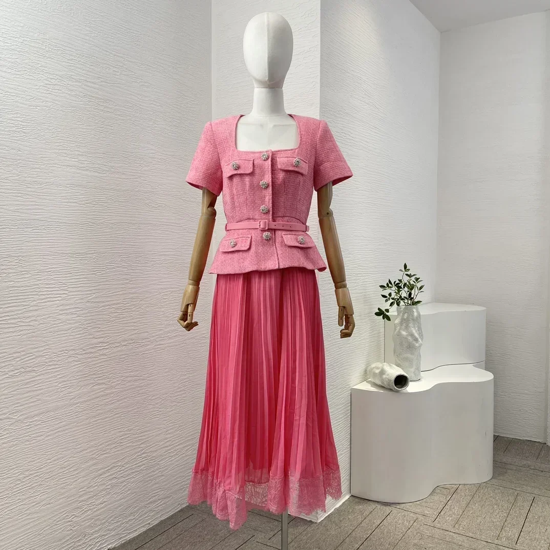 

2024 New Women Faux Two-piece Pink Short Sleeve Tweed Pleat Lace Patchwork Midi Dress