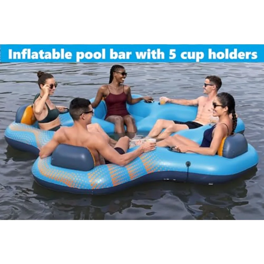 Inflatable Pool Bar for Adults - PVC Material - Blue - Supports 5 Persons Built-in Seats Stable Floating Island for Lake Partie
