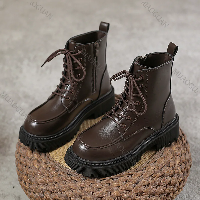 Short Lace-up Boots Women's New British Style Thick Middle Heels Women Autumn Winter Shoes Platform Black Brown Leather Botines