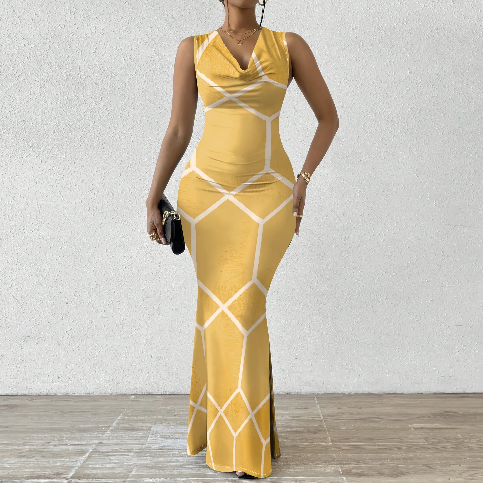 

Geometric Print Maxi Dress XS-2XL, Sleeveless V-Neck Dress for Women, Perfect for Summer Parties & Casual Events