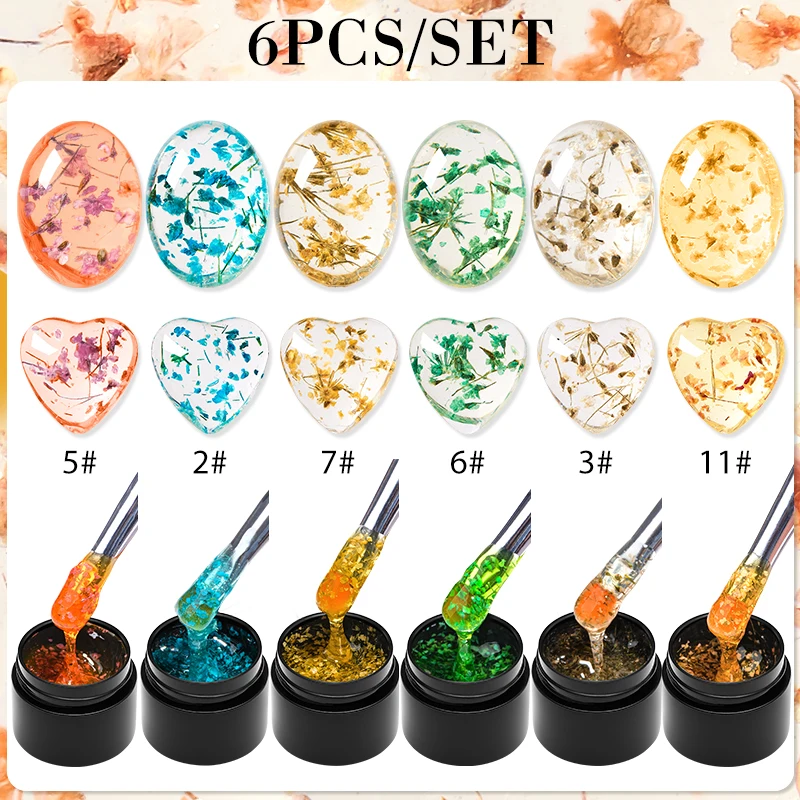 MEET ACROSS 6Pcs/Set Dried Flower Gel Nail Polish Natural Flower Fairy Nail Art Gel Soak Off UV LED Painting Varnishes For Nails
