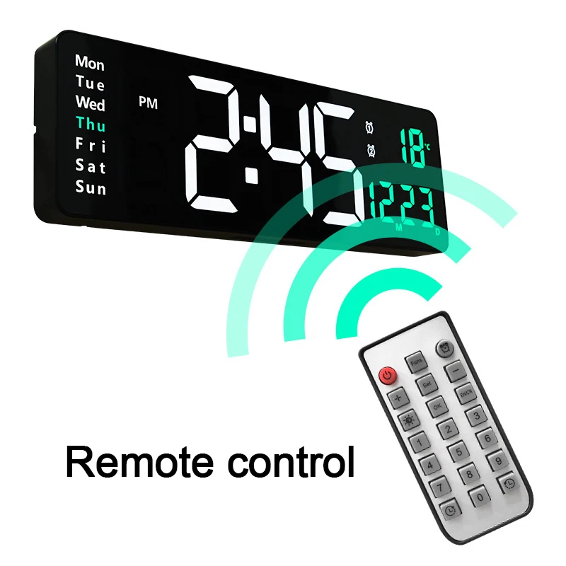 Large Electronic Wall Clock Remote Control Temp Date Power Off Memory Table Clock Wall-mounted Dual Alarms Digital LED Clocks