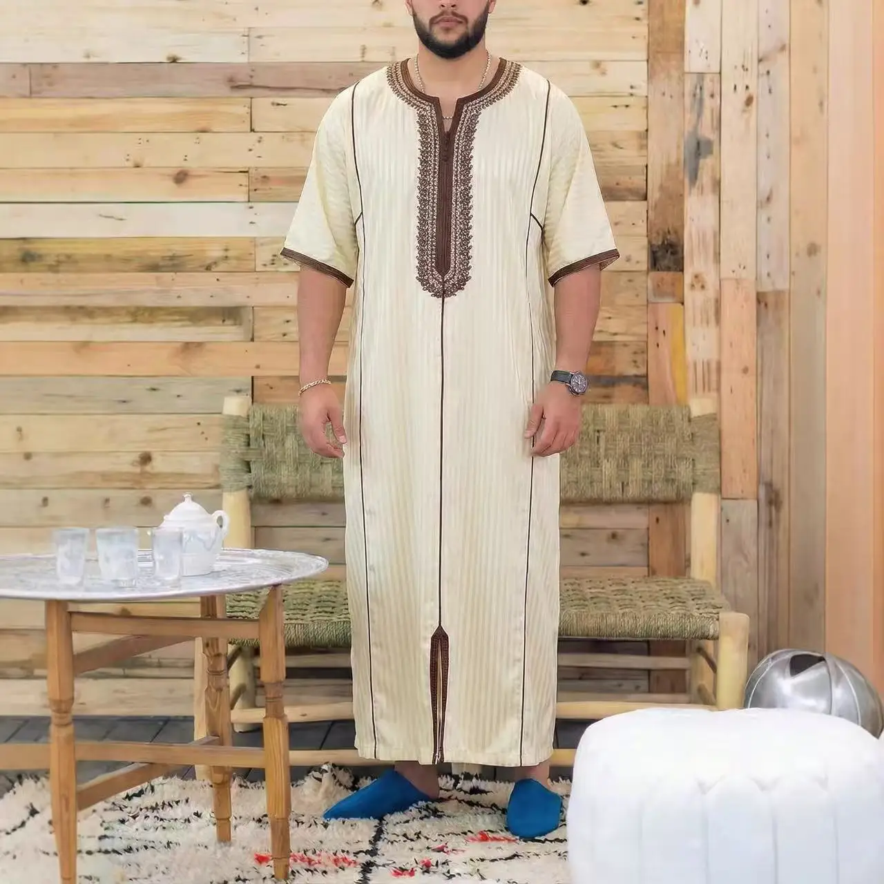Thobes Formais Masculinos Muçulmanos de Manga Longa em Cor Sólida, Roupas Tradicionais Islâmicas para Homens, Kaftan, Robe Étnico Árabe para Festivais