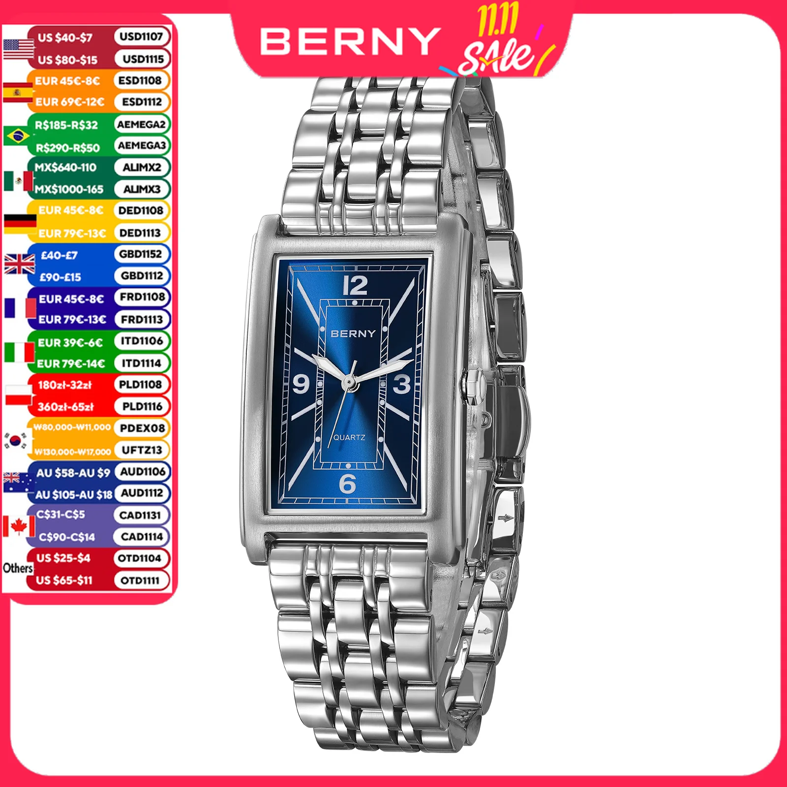 BERNY Square Men Watch Luminous Quartz Roman Numeral Dial 316L Stainless Steel Casual Fashion Rectangular Luxury Watch for Men