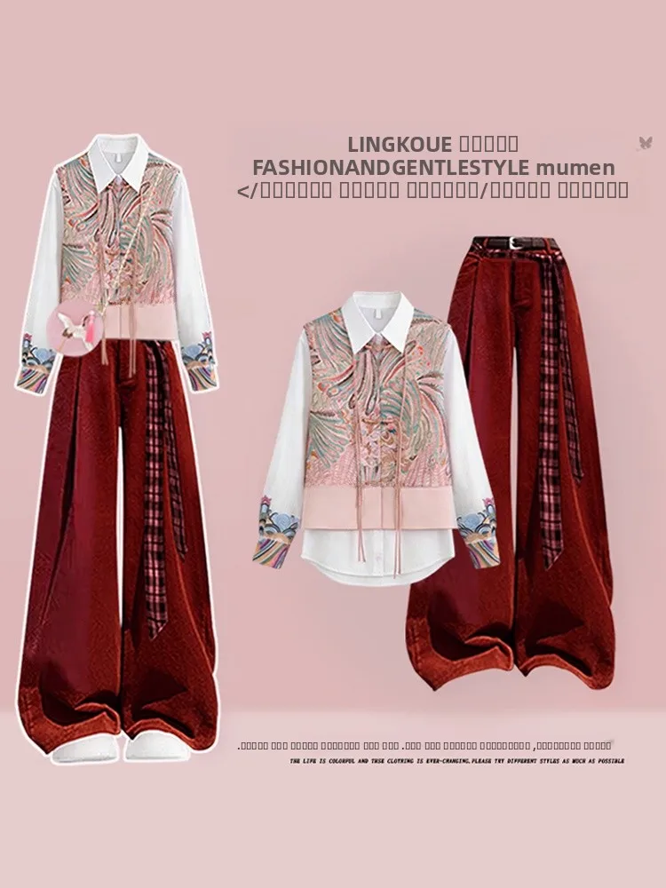 

Антивозрастной повседневный женский комплект большого размера на осень-зиму, длинные брюки с высокой талией, красный базовый слой, комплект футболок, модный...