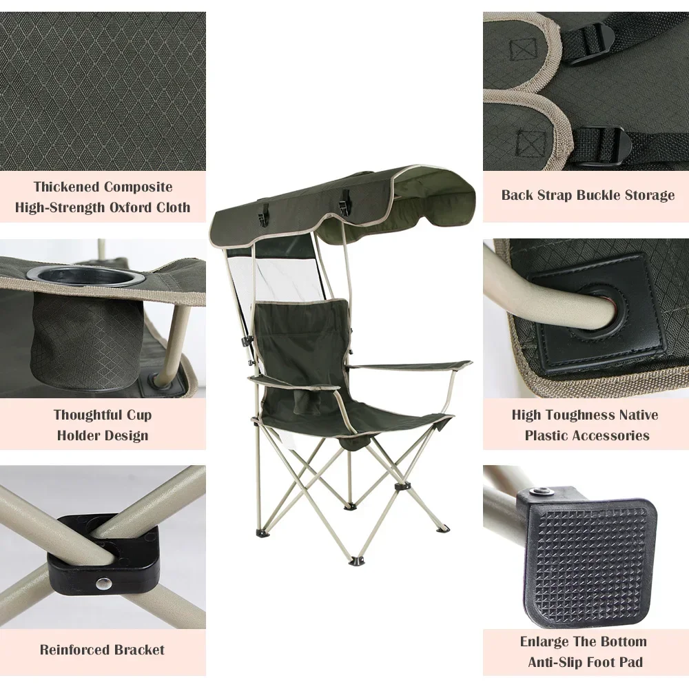 Portable Folding Chair With Canopy Shade Beach Chair Camping Chair Lawn Chair Perfect For Outside Activities Anti-Slip Foot Pad