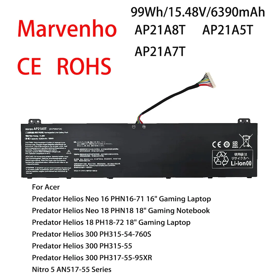 New Marvenho 99Wh 15.48V 6390mAh AP21A5T AP21A8T AP21A7T Laptop Battery For Acer Predator Helios Neo 16 PHN16-71 71EE 73LT