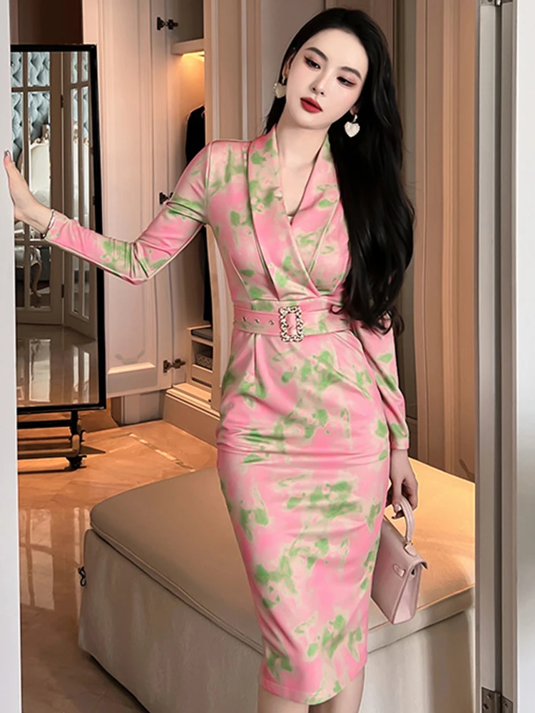 Spring Fashion Elegant Women\'s Midi Dresses 2023 Print Slim Bodycon Dress Long Sleeve Belt Slit Robe Office Party Femme Clothes