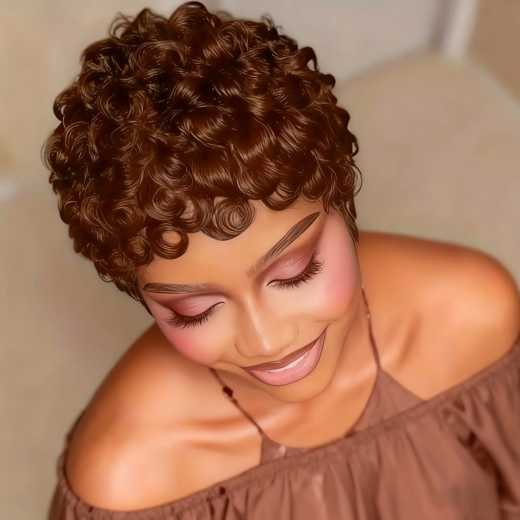 Layered Short Loose Curly Pixie Cut Human Hair Wig with Bangs