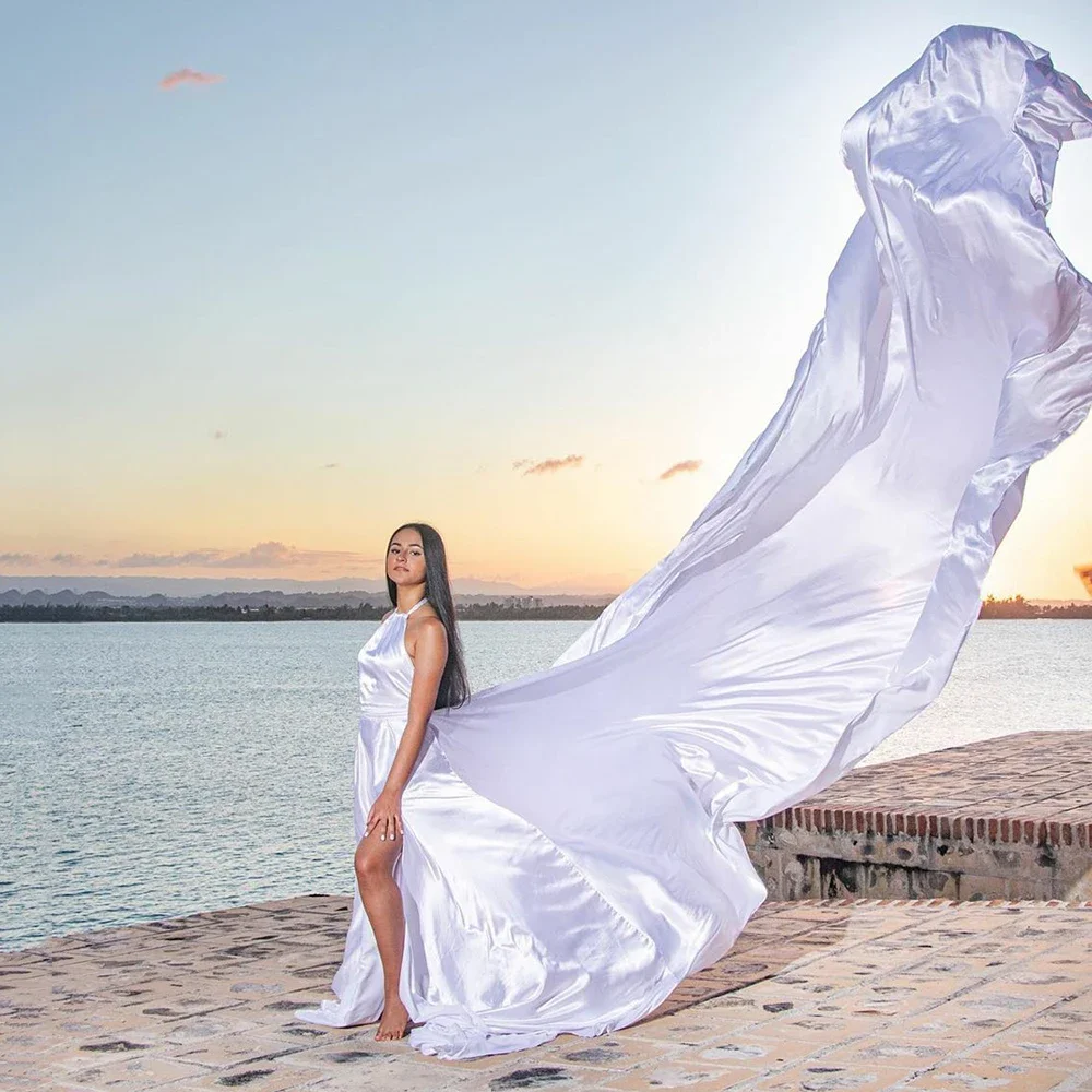 

Sexy Beach Evening Dress 2026 Halter Sleeveless Split Prom Party Gown Long Train White Backless Silk Satin Robe De Soiree