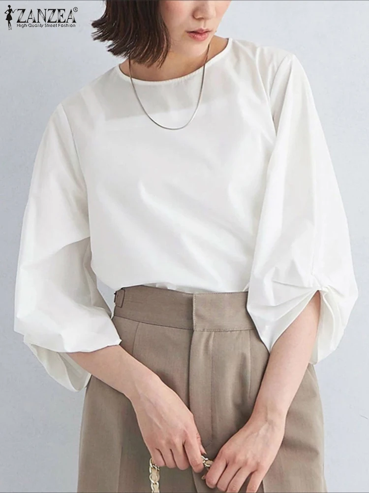 

ZANZEA Women Elegant Work OL Blouse Blusas 2025 Casual Loose 3/4 Lantern Sleeve Pleated Tops Autumn O-Neck Pullovers