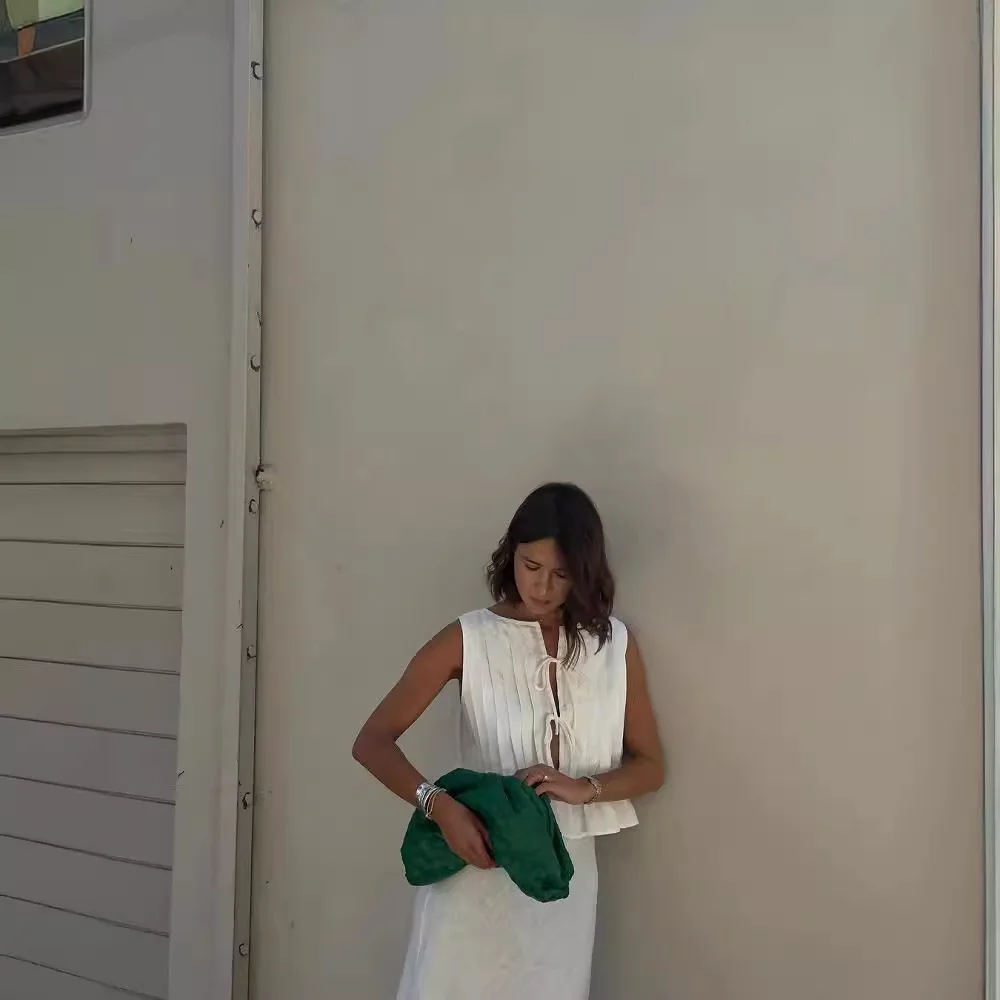 Oymimi Casualowy Biały Bawełniany Damski Zestaw Dwuczęściowy Eleganckie Koszule z Dekoltem O-Neck, Sznurowane, Plisowane i Proste Spódnice z Wysokim Stanem