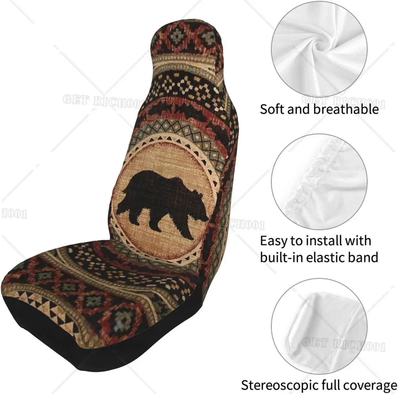Vintage niedźwiedź brązowy zestaw pokrowców na siedzenia samochodowe 2 Pcs przednie siedzenie akcesoria ochronne do uniwersalnego samochodu SUV ciężarówka Van zestaw pokrowców na siedzenia samochodowe — zdjęcie 7