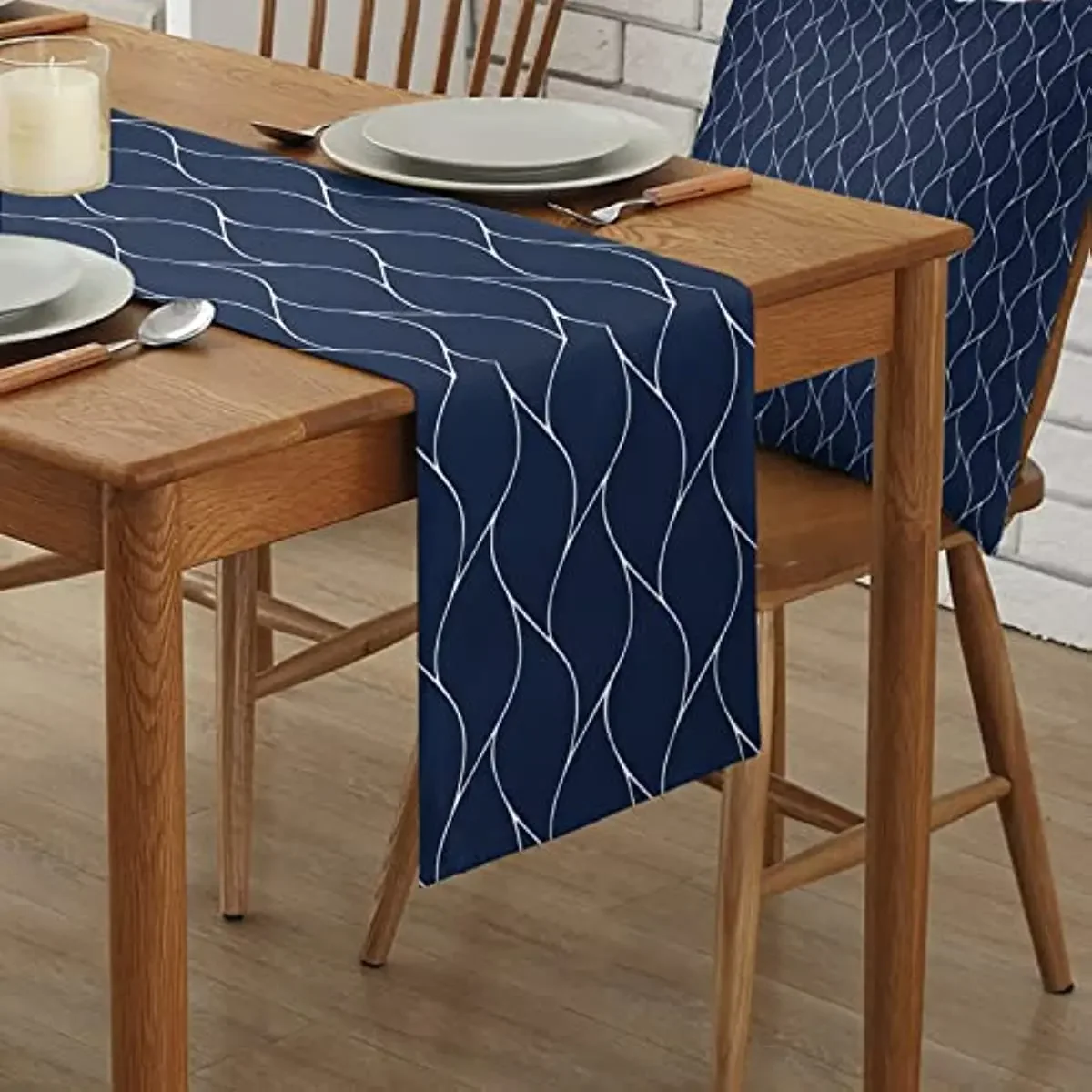 Navy Blue Wave Stripe Linen Table Runners Dresser Scarves Decor Washable Table Runners for Dining Table Wedding Decorations