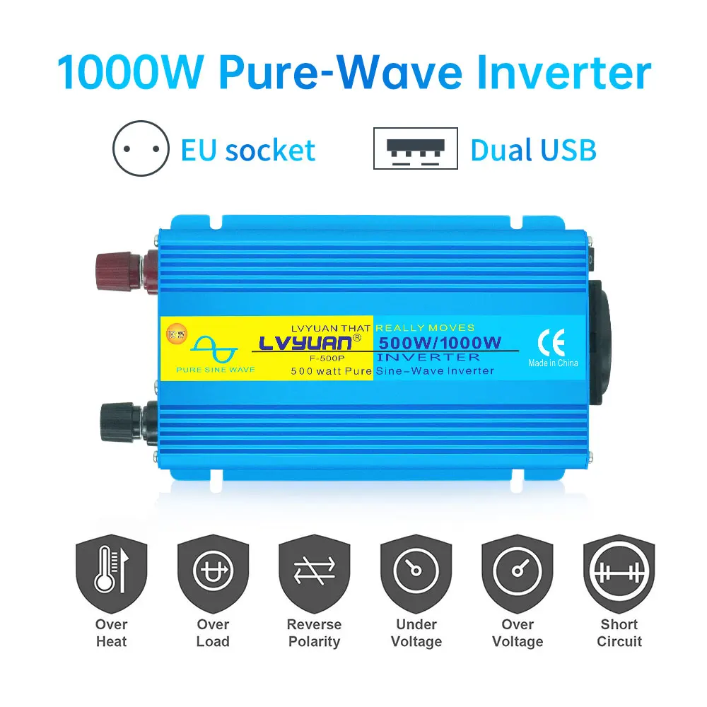 Pure Sine Wave Inverter 1000W DC 12V AC 220V 50Hz 60Hz Power Inverter Home Car Converter Solar Energy
