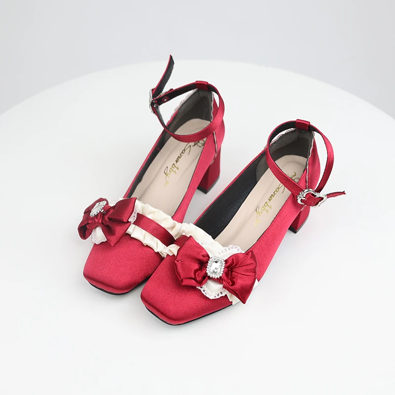 Women's Lolita Shoes 2024 New Spring Girls Cute Sweet High Heels Original Rhinestone Lace Bowknot Pumps Elegant Mary Janes