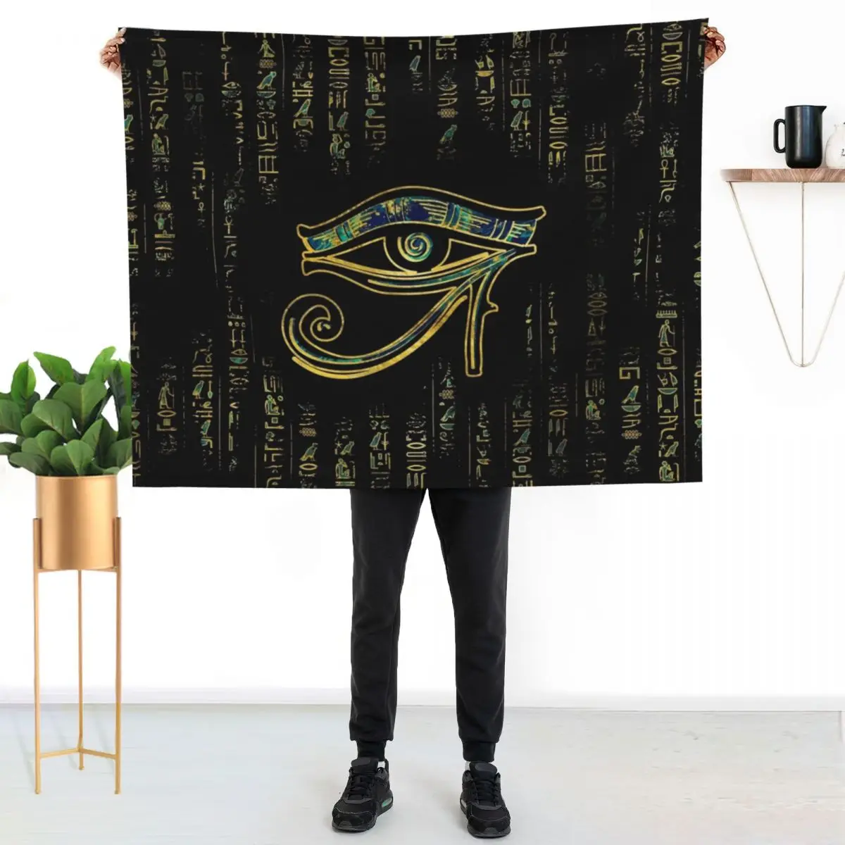Egyptian Eye of Horuson hieroglyphics gold and marble Throw Blanket warm for winter Hairy for sofa blankets and throws Blankets