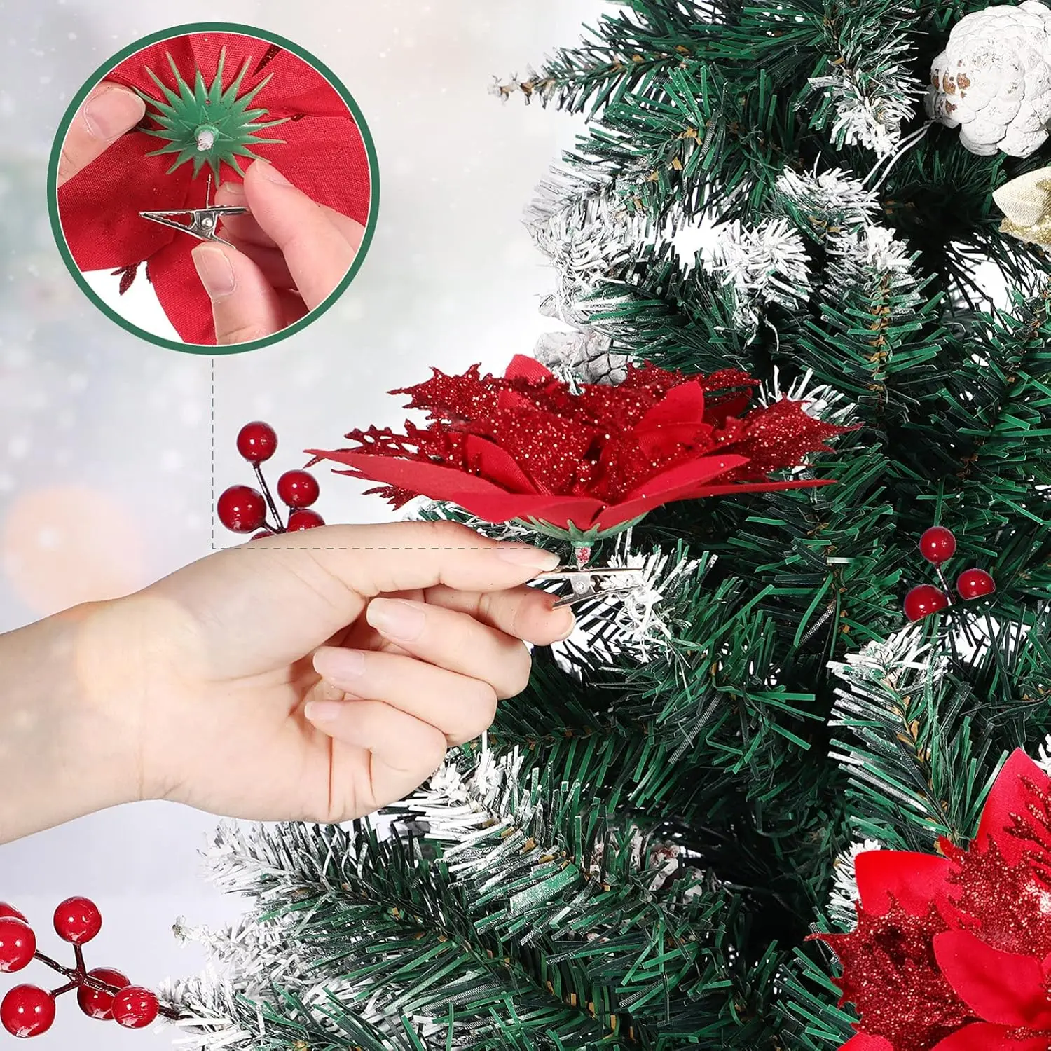 الاصطناعي بريق زهرة البونسيتة عيد الميلاد الحلي DIY إكليل شجرة عيد الميلاد الأزهار الزفاف عطلة ديكور حفلات الزهور وهمية