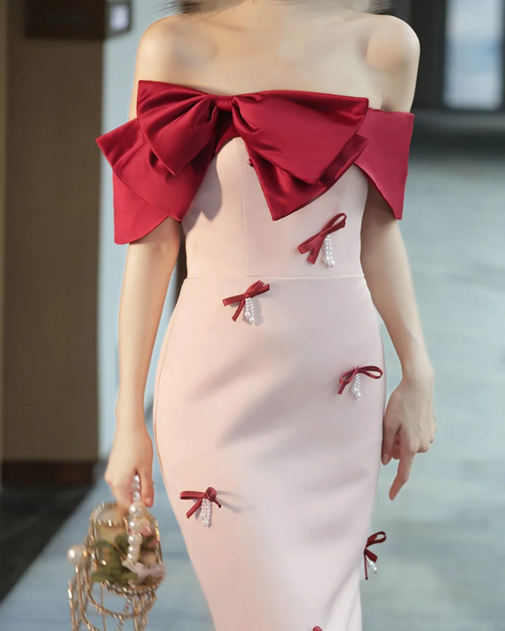 

Customized Elegant Women Jersey Bow Beading Straight Evening Dresses Formal Off-the-shoulder Sleeveless Slit Tea Length Dresses